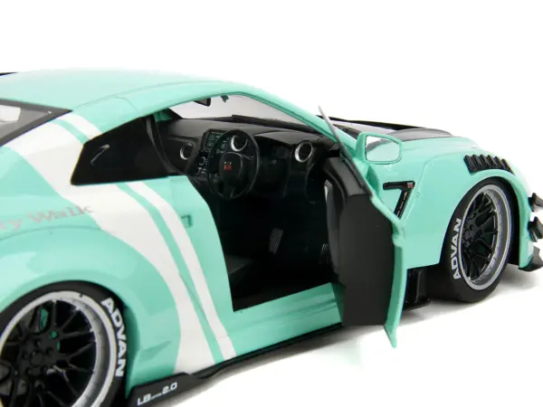 Nissan GT-R (R35) Liberty Walk Body Kit 2.0 RHD (Right Hand Drive) Light Blue with Black Hood and White Stripes "Pink Slips" Series 1/18 Diecast Model Car by Jada #3