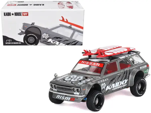 Datsun Kaido 510 Wagon 4x4 RHD (Right Hand Drive) "Kaido Offroad V1" Gray Metallic with Red Interior and Surfboards on Roof (Designed by Jun Imai) "Kaido House" Special 1/64 Diecast Model Car by Mini GT #1