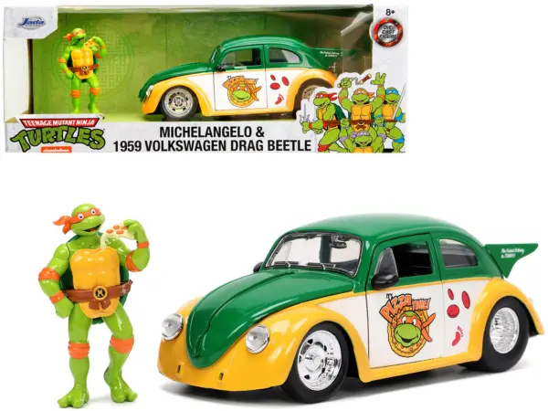 1959 Volkswagen Drag Beetle Green and Yellow and Michelangelo Diecast Figure "Teenage Mutant Ninja Turtles" "Hollywood Rides" Series 1/24 Diecast Model Car by Jada #1