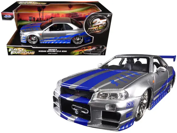Brian's Nissan GTR Skyline R34 RHD (Right Hand Drive) Silver with Blue Stripes "Fast & Furious 25th Anniversary" 1/24 Diecast Model Car by Jada #1