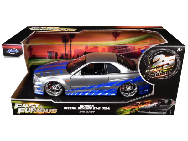 Brian's Nissan GTR Skyline R34 RHD (Right Hand Drive) Silver with Blue Stripes "Fast & Furious 25th Anniversary" 1/24 Diecast Model Car by Jada #3