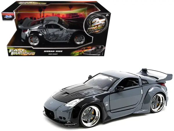 D.K.'s Nissan 350Z Gray and Black with Graphics "Fast & Furious 25th Anniversary" Series 1/24 Diecast Model Car by Jada #1