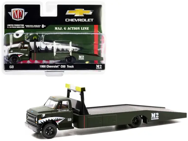 1968 Chevrolet C60 Flatbed Truck #68 Matt Dark Green with Graphics "Maj. G Action Line" Limited Edition to 21120 pieces Worldwide 1/64 Diecast Model by M2 Machines #1