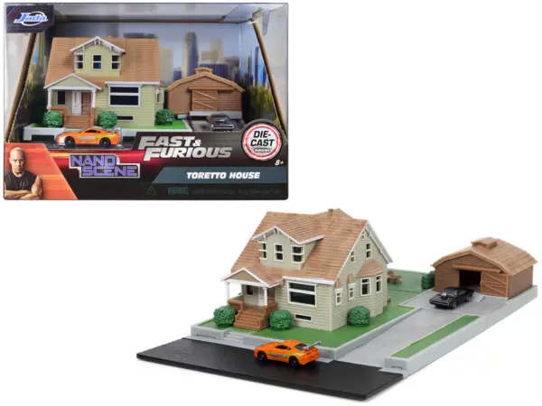 Toretto House Diorama with Dodge Charger Black and Toyota Supra Orange with Graphics "Fast and Furious" "Nano Scene" Series Models by Jada #1