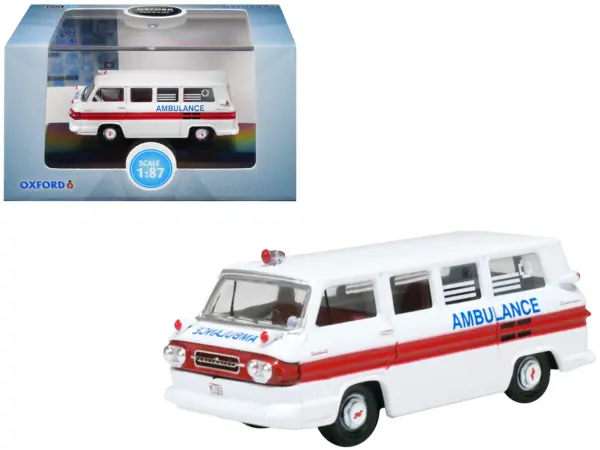 1962 Chevrolet Corvair Greenbrier AmbleWagon Ambulance White with Red Stripes 1/87 (HO) Scale Diecast Model Car by Oxford Diecast #1