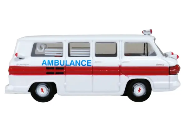1962 Chevrolet Corvair Greenbrier AmbleWagon Ambulance White with Red Stripes 1/87 (HO) Scale Diecast Model Car by Oxford Diecast #3