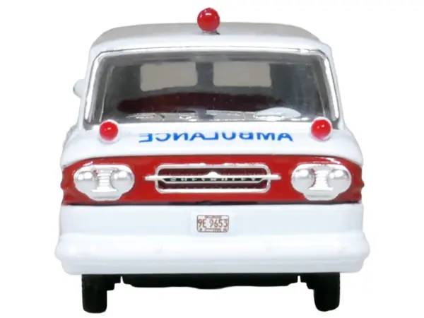 1962 Chevrolet Corvair Greenbrier AmbleWagon Ambulance White with Red Stripes 1/87 (HO) Scale Diecast Model Car by Oxford Diecast #4