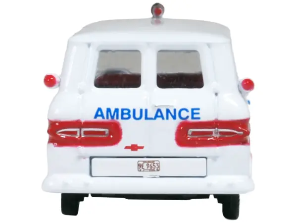 1962 Chevrolet Corvair Greenbrier AmbleWagon Ambulance White with Red Stripes 1/87 (HO) Scale Diecast Model Car by Oxford Diecast #5