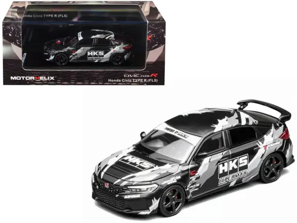 Honda Civic Type R (FL5) RHD (Right Hand Drive) "HKS" Matt Black with Graphics 1/64 Diecast Model Car by MotorHelix #1