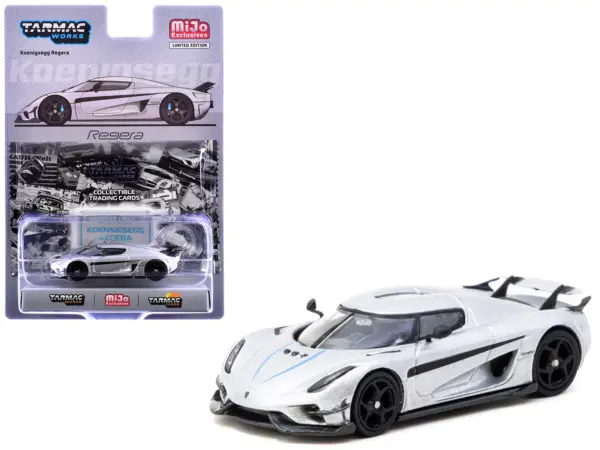 Koenigsegg Regera Silver Metallic with Blue Accents and Collectible Tarmac Cards "Global64" Series 1/64 Diecast Model Car by Tarmac Works #1