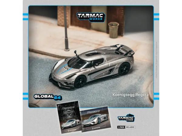 Koenigsegg Regera Silver Metallic with Blue Accents and Collectible Tarmac Cards "Global64" Series 1/64 Diecast Model Car by Tarmac Works #4