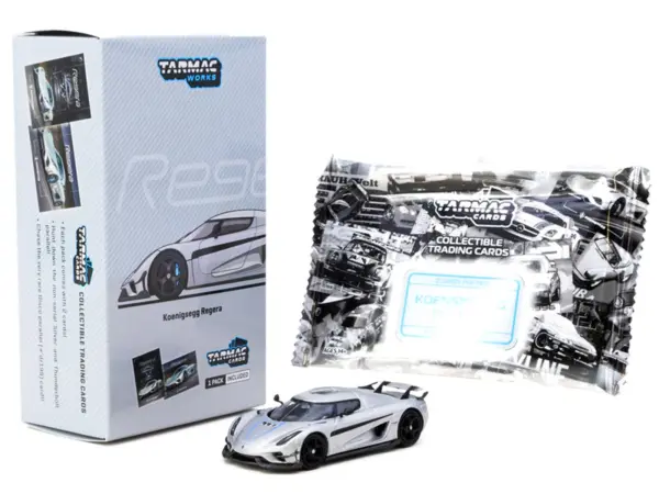 Koenigsegg Regera Silver Metallic with Blue Accents and Collectible Tarmac Cards "Global64" Series 1/64 Diecast Model Car by Tarmac Works #5
