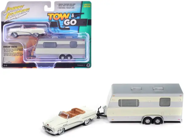 1953 Buick Super Cream with Travel Trailer Limited Edition "Tow & Go" Series 1/64 Diecast Model Car by Johnny Lightning #1