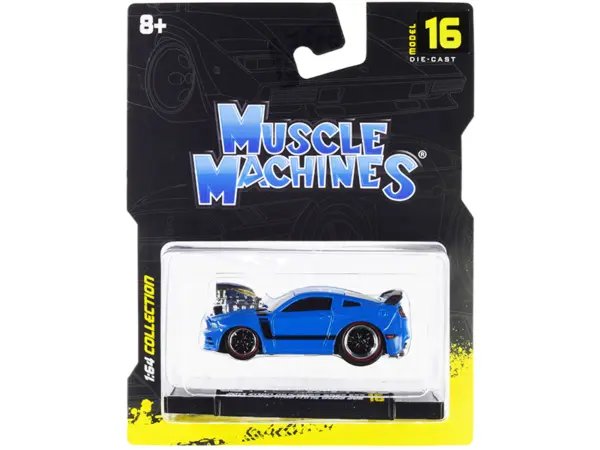 2013 Ford Mustang Boss 302 Light Blue with Black Stripes 1/64 Diecast Model Car by Muscle Machines #1