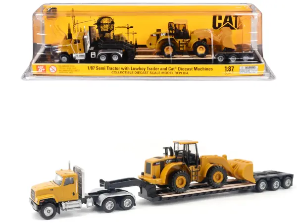 CAT Caterpillar CT681 Day Cab Tractor Yellow with Lowboy Trailer and CAT 950G Wheel Loader Yellow 1/87 (HO) Diecast Model by Diecast Masters #1