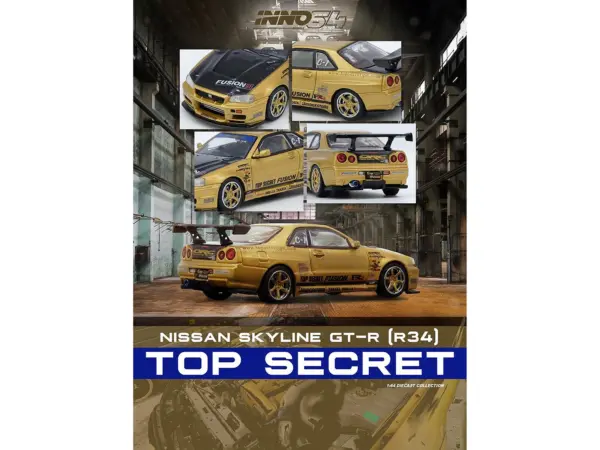 Nissan Skyline GT-R (R34) RHD (Right Hand Drive) "Top Secret" Gold Metallic with Carbon Hood and Trunk 1/64 Diecast Model Car by Inno Models #3