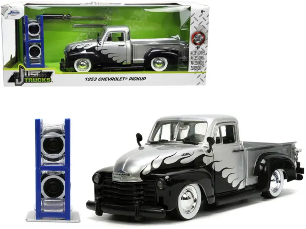 1953 Chevrolet 3100 Pickup Truck Silver Metallic with Black Flames with Extra Wheels "Just Trucks" Series 1/24 Diecast Model Car by Jada #1