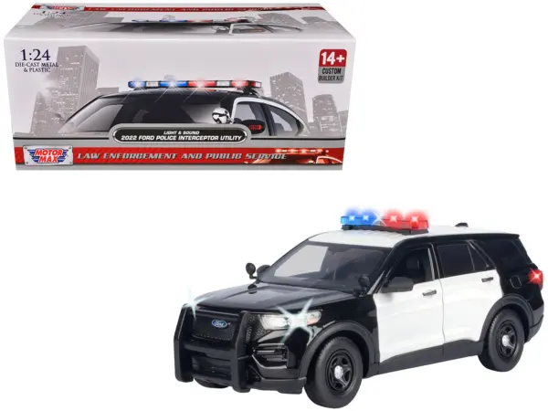 2022 Ford Police Interceptor Utility Black and White "Builder's Kit" with Flashing Light Bar and Front and Rear Lights and Sounds 1/24 Diecast Model Car by Motormax #1