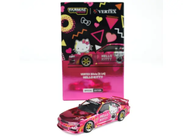 Nissan Vertex Silvia (S14) RHD (Right Hand Drive) "Hello Kitty" Pink Metallic with Graphics "Global64" Series 1/64 Diecast Model Car by Tarmac Works #5