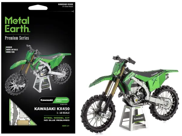 Model Kit Kawasaki KX450 Off-Road Motorcycle Green (Challenging Difficulty) Steel Model by Metal Earth #1