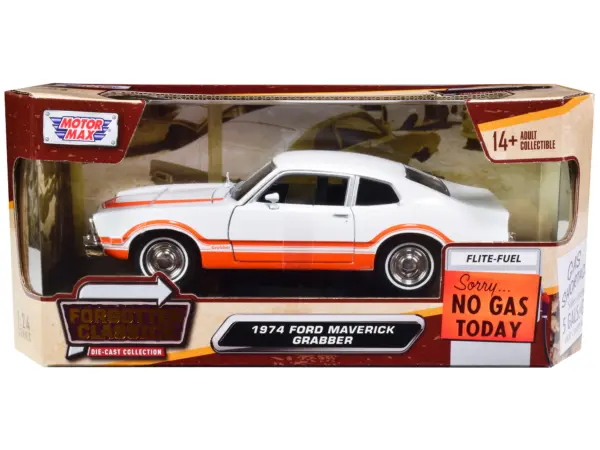 1974 Ford Maverick Grabber White with Orange Stripes "Forgotten Classics" Series 1/24 Diecast Model Car by Motormax #1