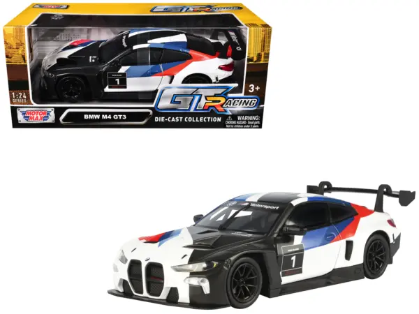 BMW M4 GT3 #1 White with Black Blue and Red Graphics "GT Racing" Series 1/24 Diecast Model Car by Motormax #1
