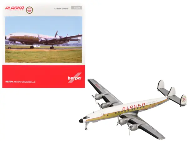 Lockheed L-1649A Starliner Commercial Aircraft "Alaska Airlines - Golden Nugget Service" (N7316C) White and Gold with Red Stripes 1/200 Diecast Model Airplane by Herpa #1