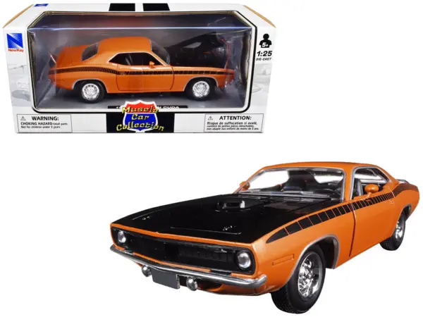 1970 Plymouth Cuda Orange with Black Hood and Stripes 1/25 Diecast Model Car by New Ray #1