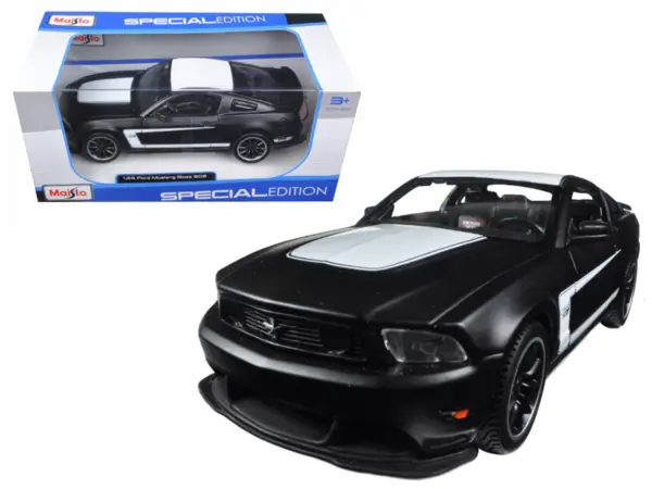 2012 Ford Mustang Boss 302 Matt Black and White 1/24 Diecast Model Car by Maisto #1
