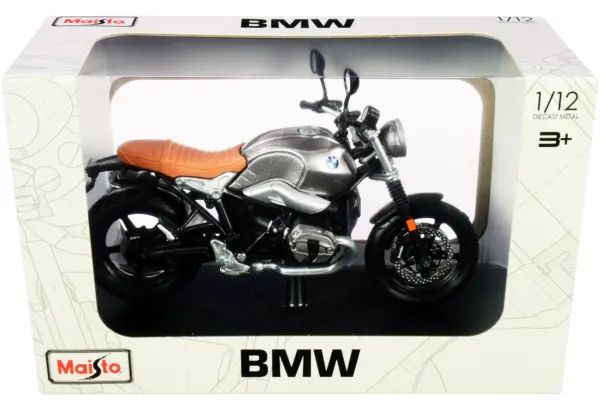 BMW R nineT Scrambler Meatllic Gray with Plastic Display Stand 1/12 Diecast Motorcycle Model by Maisto #3