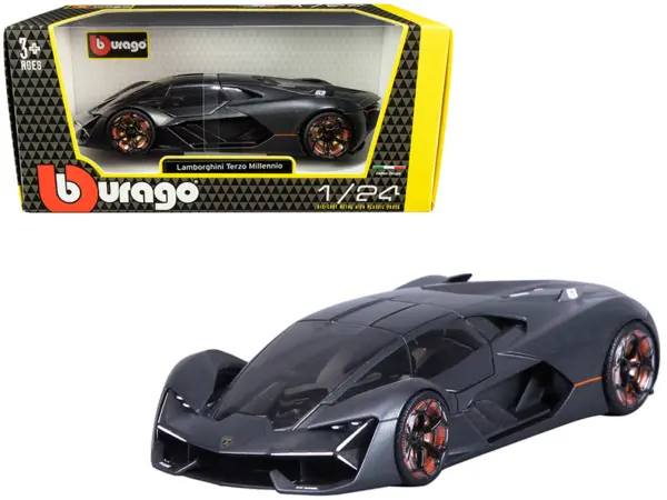 Lamborghini Terzo Millennio Dark Gray Metallic with Black Top and Carbon Accents 1/24 Diecast Model Car by Bburago #1
