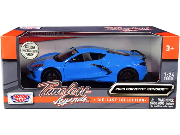 2020 Chevrolet Corvette C8 Stingray Blue with Silver Racing Stripes "Timeless Legends" 1/24 Diecast Model Car by Motormax #1