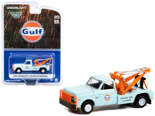 1969 Chevrolet C-30 Dually Wrecker Tow Truck "Gulf Oil" Light Blue "Welding Tire Collision" "Hobby Exclusive" 1/64 Diecast Model Car by Greenlight #1