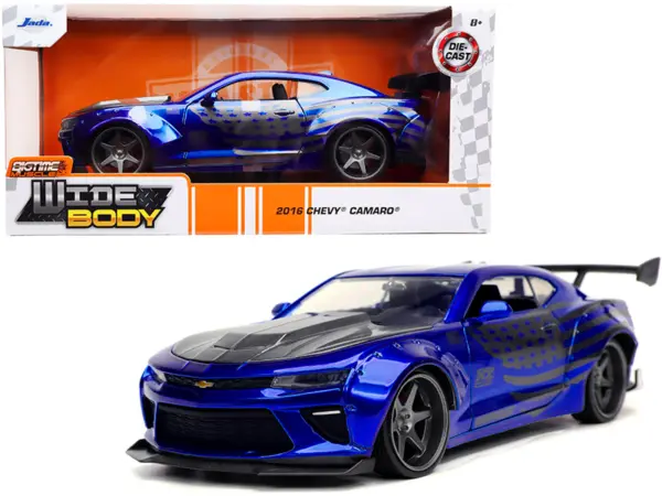 2016 Chevrolet Camaro Widebody Candy Blue with Gray Metallic Hood and American Flag Graphics "Bigtime Muscle" Series 1/24 Diecast Model Car by Jada #1