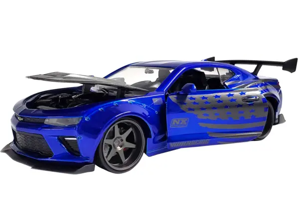 2016 Chevrolet Camaro Widebody Candy Blue with Gray Metallic Hood and American Flag Graphics "Bigtime Muscle" Series 1/24 Diecast Model Car by Jada #2