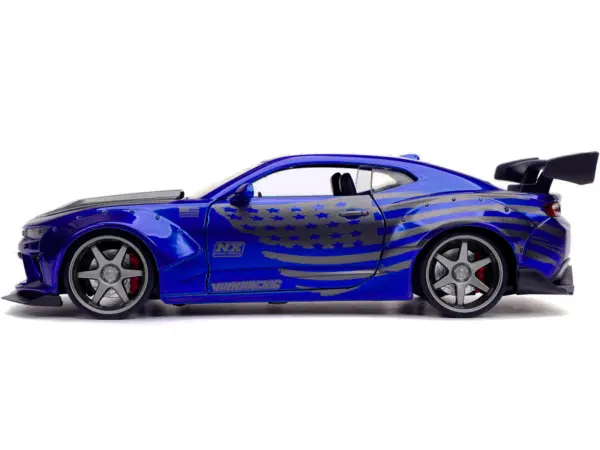 2016 Chevrolet Camaro Widebody Candy Blue with Gray Metallic Hood and American Flag Graphics "Bigtime Muscle" Series 1/24 Diecast Model Car by Jada #3
