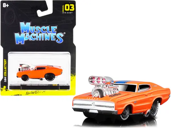1966 Dodge Charger 426 C.I. Orange with Blue Stripe 1/64 Diecast Model Car by Muscle Machines #1