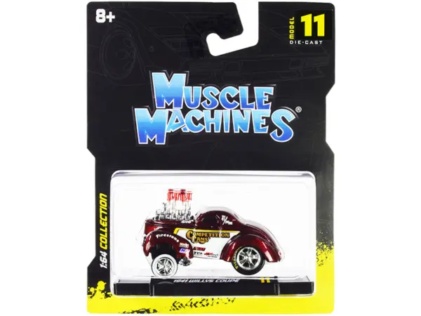 1941 Willys Coupe Gasser "Competition Cams" Red Metallic and White 1/64 Diecast Model Car by Muscle Machines #1