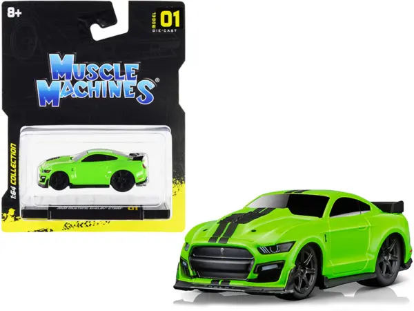 2020 Ford Mustang Shelby GT500 Bright Green with Black Stripes 1/64 Diecast Model Car by Muscle Machines #1