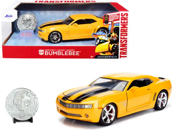 2006 Chevrolet Camaro Concept Yellow Bumblebee with Robot on Chassis and Collectible Metal Coin "Transformers" Movie 1/24 Diecast Model Car by Jada #1