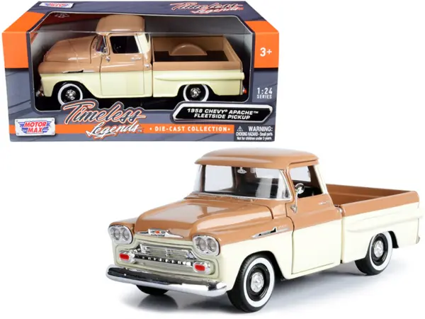 1958 Chevrolet Apache Fleetside Pickup Truck Brown and Beige 1/24 Diecast Model Car by Motormax #1