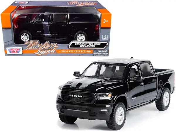 2019 RAM 1500 Laramie Crew Cab Pickup Truck Black with Silver Stripes 1/24 Diecast Model Car by Motormax #1
