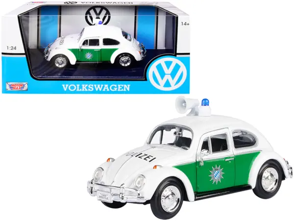 1966 Volkswagen Beetle German Police Car White and Green 1/24 Diecast Model Car by Motormax #1