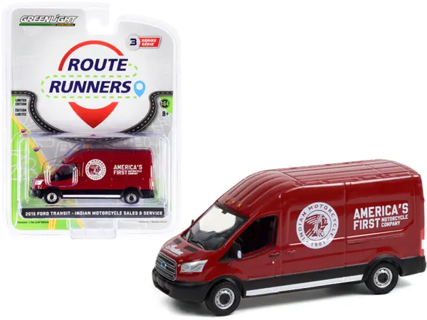 2015 Ford Transit LWB High Roof Van Burgundy "Indian Motorcycle Sales & Service" "Route Runners" Series 3 1/64 Diecast Model by Greenlight #1