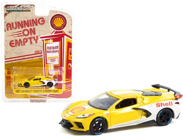 2021 Chevrolet Corvette C8 Stingray Coupe "Shell Oil" Yellow and White "Running on Empty" Series 13 1/64 Diecast Model Car by Greenlight #1