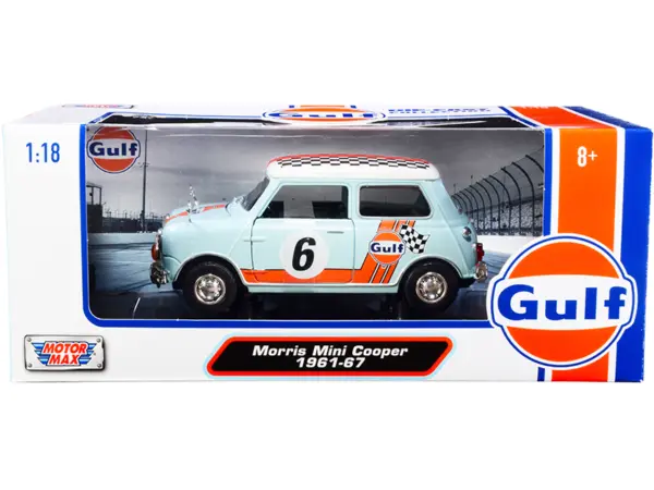 1961-1967 Morris Mini Cooper RHD (Right Hand Drive) #6 "Gulf Oil" Light Blue with Orange Stripes and Checkered Top "City Classics" Series 1/18 Diecast Model Car by Motormax #1