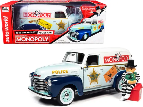 1948 Chevrolet Panel Police Van with Mr. Monopoly Figurine "Monopoly" 1/18 Diecast Model Car by Auto World #1