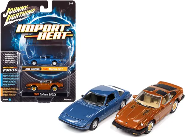 1982 Mazda RX-7 Blue Metallic and 1981 Datsun 280ZX Orange Mist Metallic "Import Heat" Set of 2 Cars 1/64 Diecast Model Cars by Johnny Lightning #1