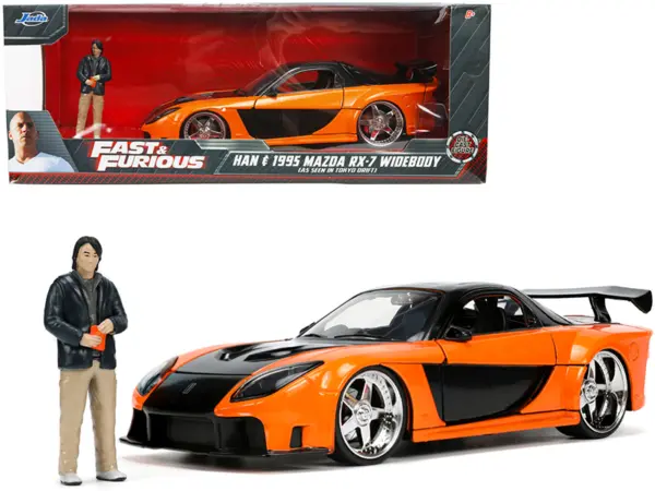 1995 Mazda RX-7 Widebody RHD (Right Hand Drive) Orange Metallic and Black with Han Diecast Figurine "The Fast and the Furious: Tokyo Drift" (2006) Movie 1/24 Diecast Model Car by Jada #1