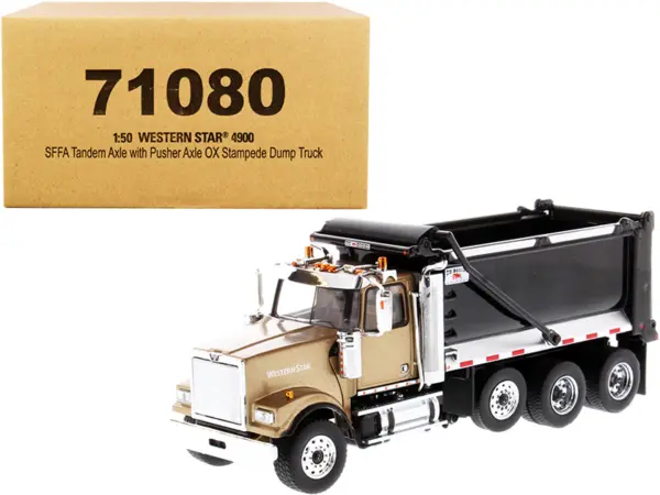Western Star 4900 SFFA Tandem with Pusher Axle OX Stampede Dump Truck Gold and Black "Transport Series" 1/50 Diecast Model by Diecast Masters #1